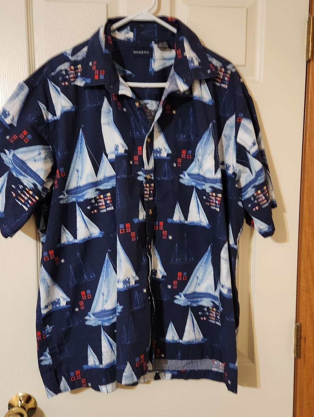Vtg Harbor Bay Button Down Shirt Sailboats Men's 2X Navy Blue Coastal Beachy